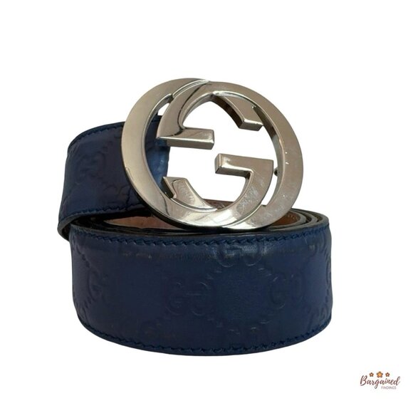 Authentic Gucci Blue Guccissima Leather Silver Interlocking G Buckle Belt 95/38 - Picture 1 of 13